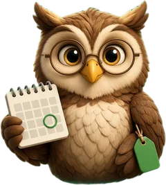 Coruja do O Mês Certo segurando um calendário